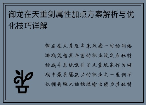 御龙在天重剑属性加点方案解析与优化技巧详解
